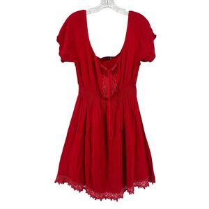Earthbound‎ Trading Co Red Crochet Lace Up Smocked Mini Dress Womens Medium Boho